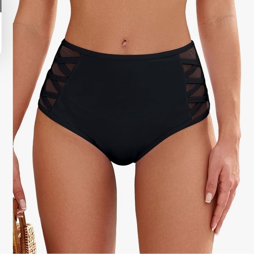 Zaful black‎ high waist bikini bottom side mesh spliced tankini bottoms